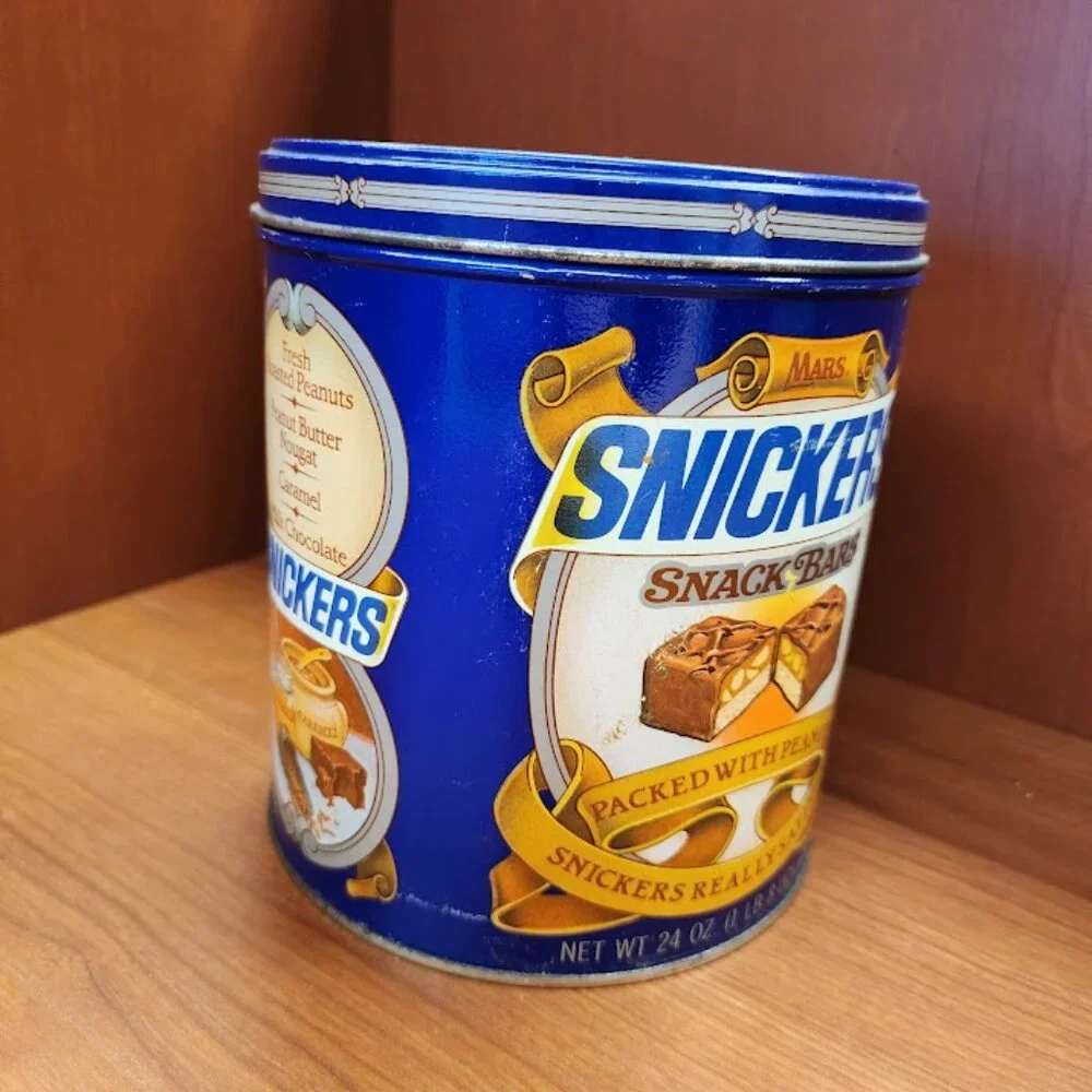 VINTAGE 1984 TIN CAN SNICKERS SNACK BARS MARS METAL